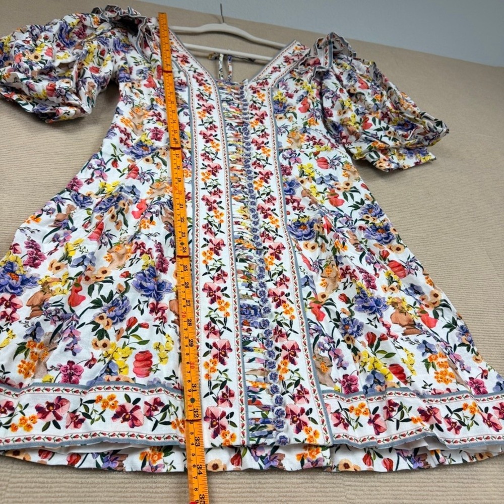 Farm Rio Greek Garden Off-White Topstitched Yoke Mini Dress Floral Womens M - Picture 7 of 13